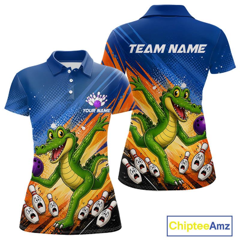 Custom short-sleeve polo shirt shown from the front and back, featuring a green alligator bowling graphic with bowling pins, orange and blue background streaks, and placeholder text reading TEAM NAME and YOUR NAME. A ChipteeAmz logo is visible in the bottom right corner.