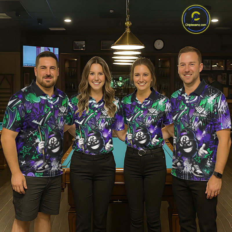 Four people wearing matching billiard shirts in a pool room.