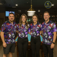 Load image into Gallery viewer, Four people wearing matching colorful biliiard shirts in a pool hall