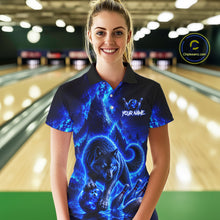 Load image into Gallery viewer, Woman wearing a blue wolf-themed bowling shirt in a bowling alley.