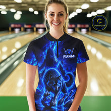 Load image into Gallery viewer, Person wearing a blue wolf-themed shirt in a bowling alley
