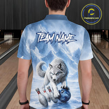 Load image into Gallery viewer, Person wearing a blue bowling shirt with a wolf design and 'TEAM NAME' text in a bowling alley.