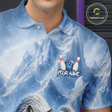 Load image into Gallery viewer, Person wearing a blue mountain-themed shirt with bowling design and 'Your Name' text.
