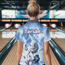 Load image into Gallery viewer, Person wearing a bowling shirt with a wolf design and 'TEAM NAME' text in a bowling alley.