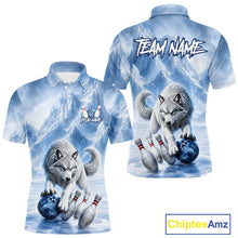 Load image into Gallery viewer, Polo shirt with wolf design and bowling elements on a white background