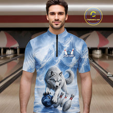 Load image into Gallery viewer, Man wearing a shirt with a wolf and bowling ball design in a bowling alley.