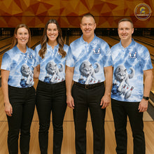 Load image into Gallery viewer, Four people wearing matching blue shirts with wolf graphics in a bowling alley.