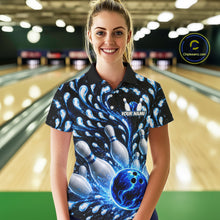 Load image into Gallery viewer, Woman wearing a custom bowling shirt with a bowling design in a bowling alley.