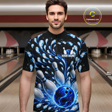 Load image into Gallery viewer, Man wearing a custom bowling shirt with a blue and white design in a bowling alley.