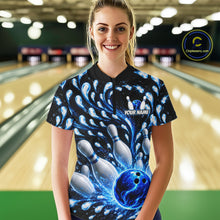 Load image into Gallery viewer, Person wearing a bowling-themed shirt with a blue and black design in a bowling alley.