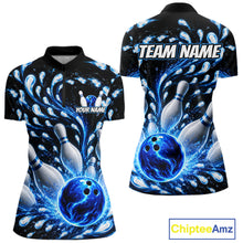 Load image into Gallery viewer, Bowling-themed polo shirt with blue and black design, featuring a bowling ball and pins, with 'Team Name' and 'Your Name' text placeholders.