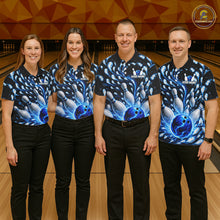 Load image into Gallery viewer, Four people wearing matching bowling team shirts at a bowling alley.