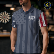 Load image into Gallery viewer, Male model wearing a personalized darts polo shirt with distressed stars, vertical stripes, and a red and white striped left sleeve.