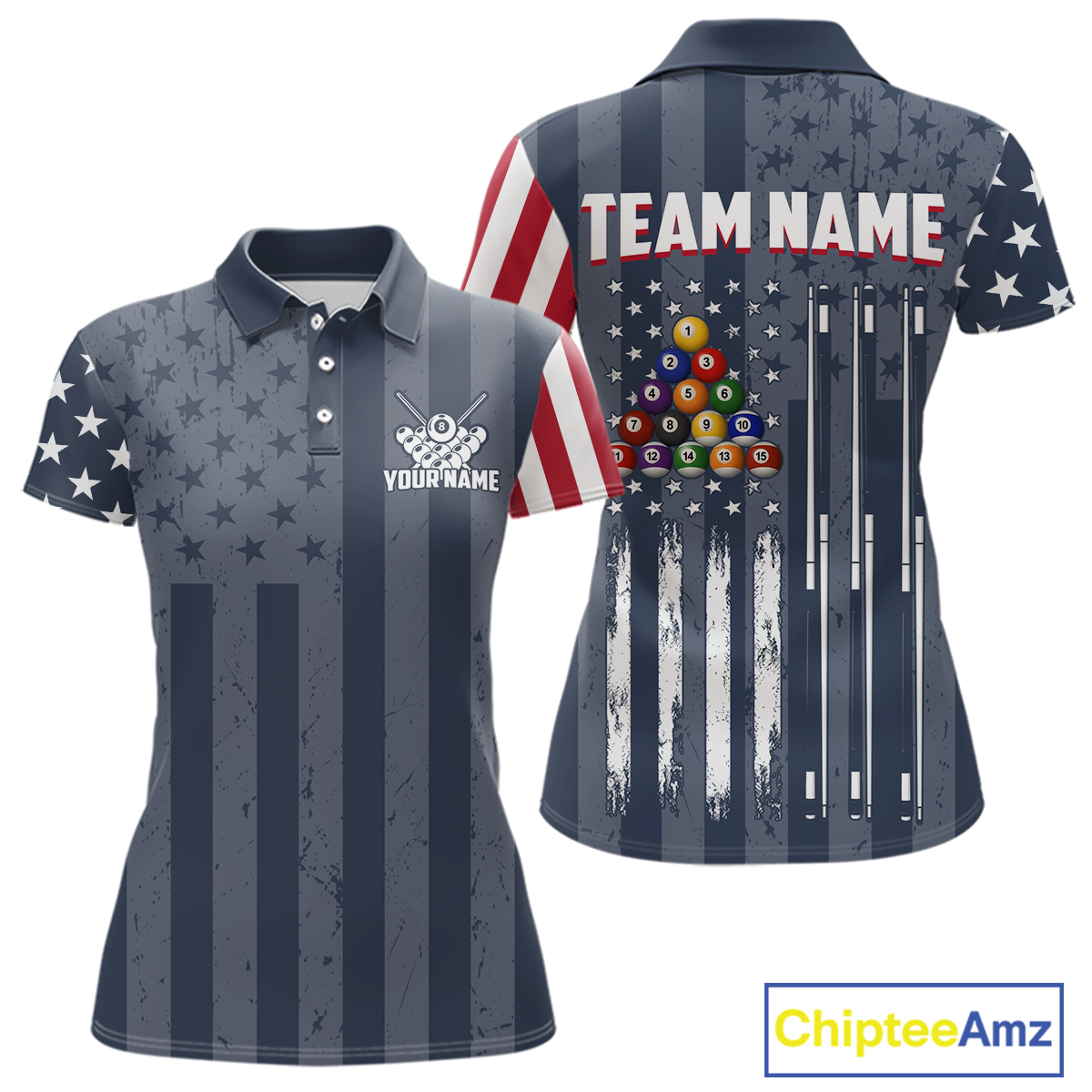 Custom American Flag Billiard Team Shirts for Women Patriotic Billiard Jersey Polo & 1/4 Zip Pool Shirt BHT24