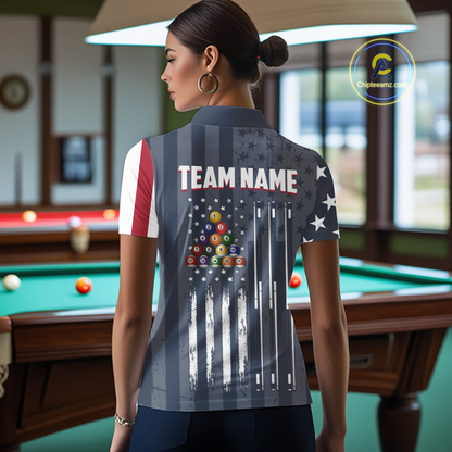 Custom American Flag Billiard Team Shirts for Women Patriotic Billiard Jersey Polo & 1/4 Zip Pool Shirt BHT24