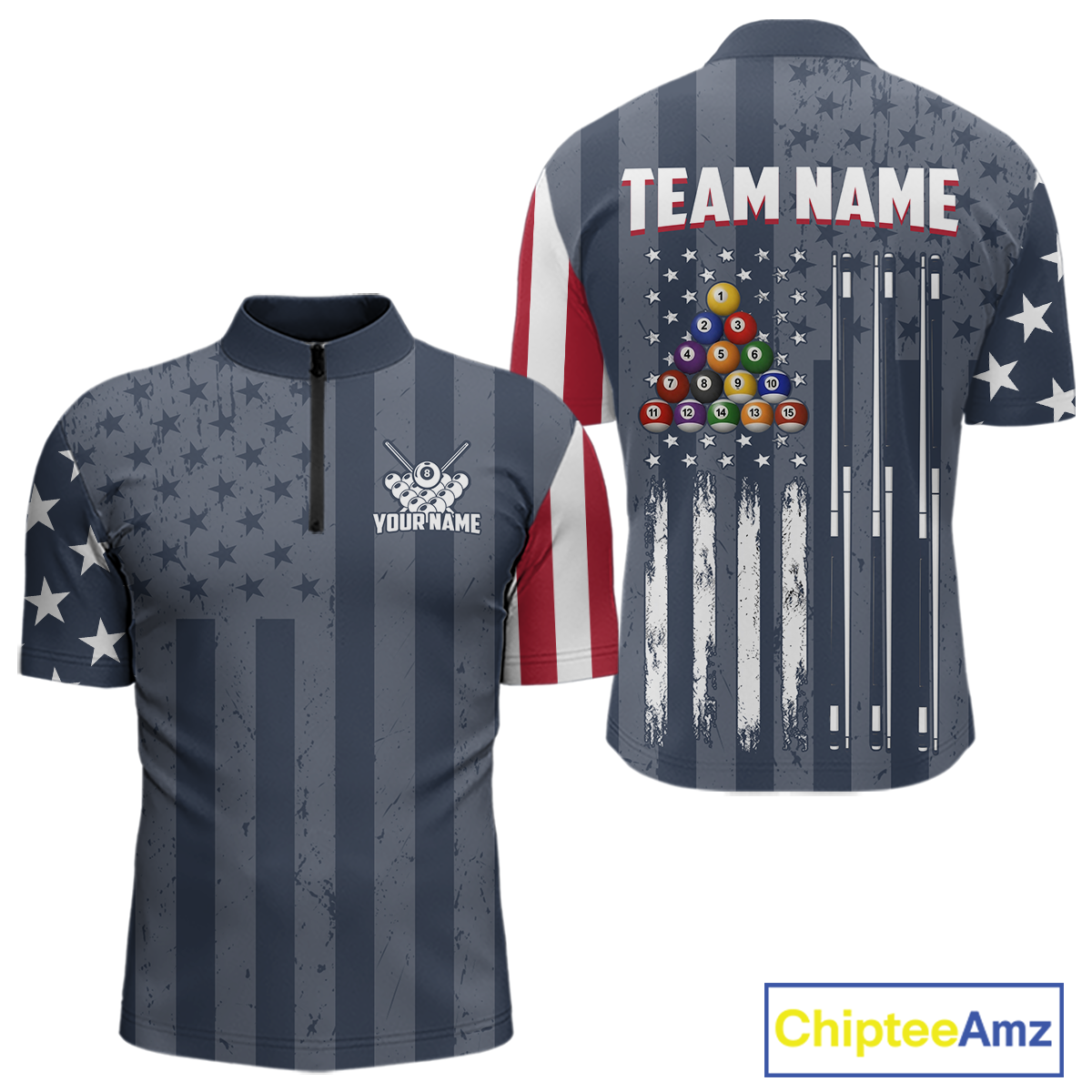 Custom American Flag Billiard Team Shirts for Men Patriotic Billiard Jersey Polo & 1/4 Zip Pool Shirt BHT24