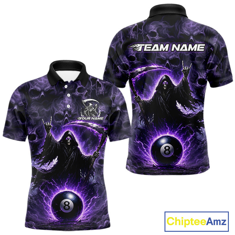 Purple and black themed polo shirt with 8-ball design and 'Team Name' text, featuring Chiptee Amz branding.
