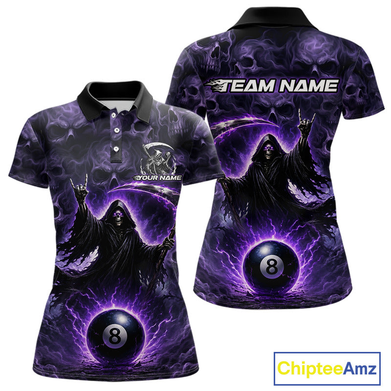 Purple-themed polo shirt with a Grim Reaper design and 'Team Name' text on a white background.