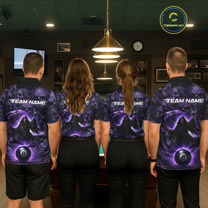 Four people wearing matching purple billiard shirts with 'Team Name' printed on the back in a pool hall.