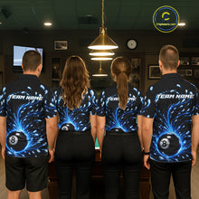 Load image into Gallery viewer, Four people wearing matching billiard shirts with a blue and black design in a pool hall.