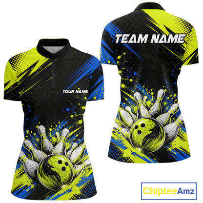 Custom bowling-themed short-sleeve polo shirt shown from both front and back views. The shirt features a black base with vibrant neon yellow, blue, and white graphic designs of bowling balls and pins, with customizable text placeholders 'YOUR NAME' and 'TEAM NAME'.