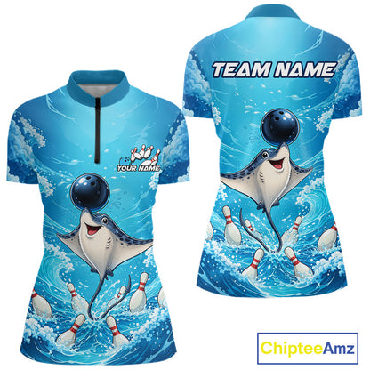 Front and back views of a short-sleeve zip-neck bowling-themed polo shirt with a blue ocean and stingray print, shown on a white background with a ChipteeAmz logo in the corner.