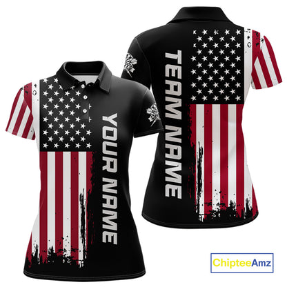 Front and back view of a custom patriotic dart polo shirt featuring a distressed American flag graphic with personalized team name and player name.