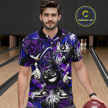 Load image into Gallery viewer, Man wearing a colorful bowling shirt with a cartoon character in a bowling alley.