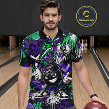 Load image into Gallery viewer, Man wearing a colorful bowling shirt with a cartoon character on a bowling alley.