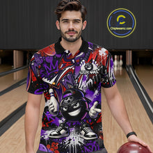 Load image into Gallery viewer, Man wearing a colorful bowling shirt with a cartoon character in a bowling alley.