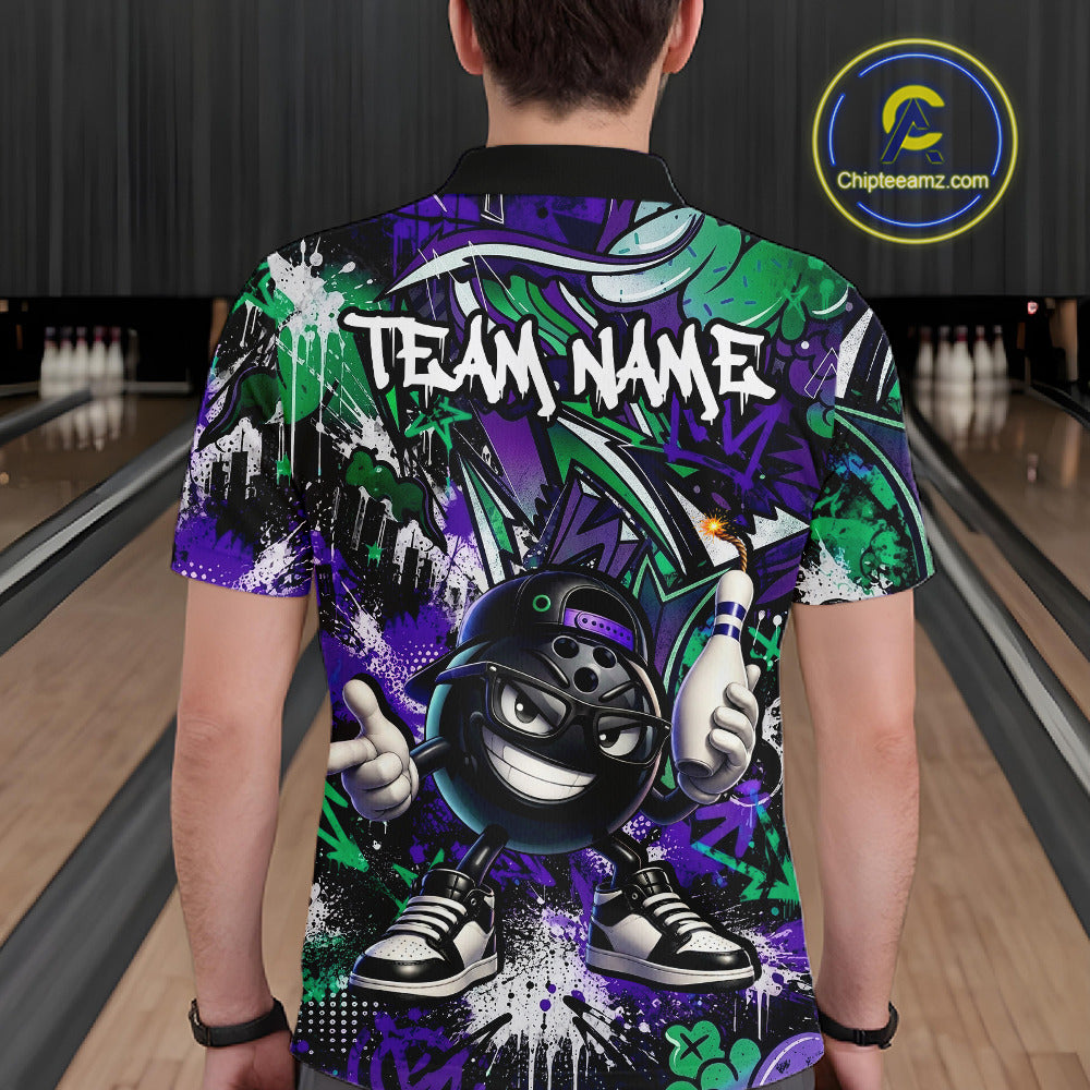 Person wearing a colorful bowling shirt with a cartoon character and 'Team Name' text in a bowling alley.