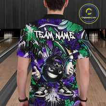 Load image into Gallery viewer, Person wearing a colorful bowling shirt with a cartoon character and 'Team Name' text in a bowling alley.