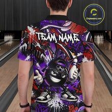 Load image into Gallery viewer, Person wearing a colorful bowling shirt with a cartoon character and 'TEAM NAME' text in a bowling alley.
