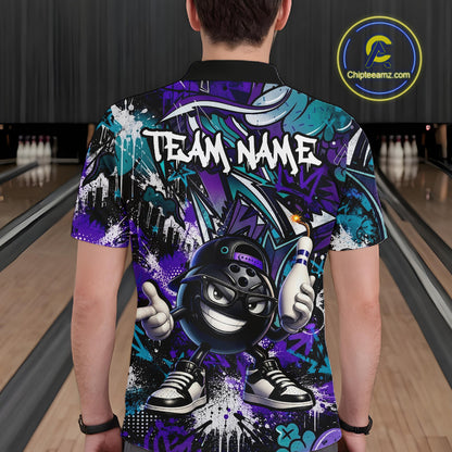 Person wearing a colorful bowling shirt with a cartoon character and 'Team Name' text in a bowling alley.