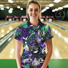Load image into Gallery viewer, Woman wearing a colorful bowling shirt with a design in a bowling alley.