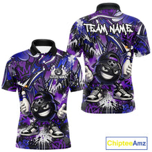 Load image into Gallery viewer, Purple and black polo shirt with cartoon character and 'Your Name' and 'Team Name' text on a white background
