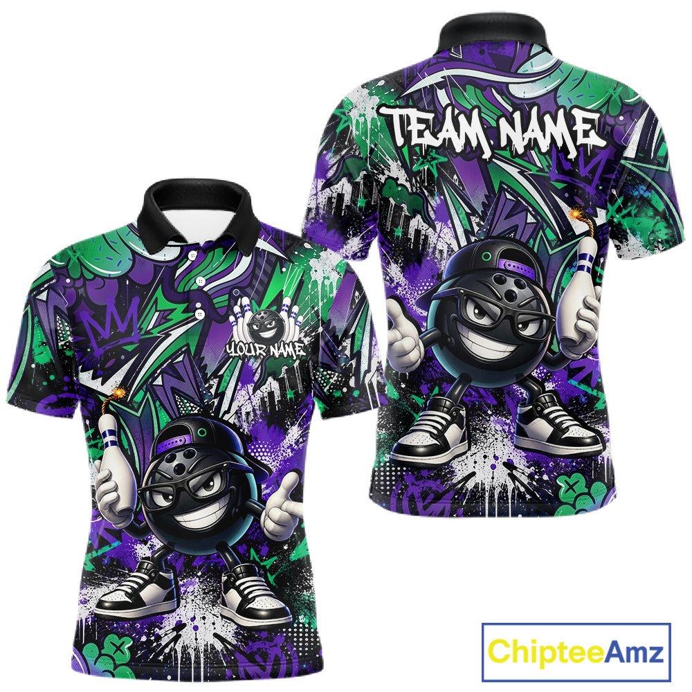 Colorful polo shirt with cartoon character design and 'Team Name' text on a white background.