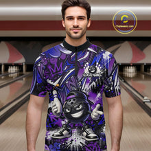 Load image into Gallery viewer, Man wearing a colorful bowling shirt with a design on a bowling alley background