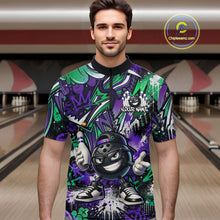 Load image into Gallery viewer, Custom Purple Green Graffiti Funny Bowling Mascot Shirt for Men Polo &amp; 1/4 Zip for Bowling Team QZT1062