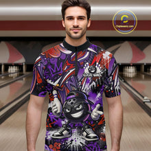Load image into Gallery viewer, Man wearing a colorful bowling shirt with a design on a bowling alley background