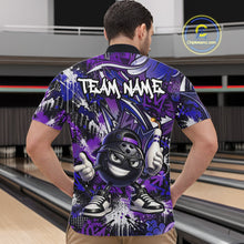 Load image into Gallery viewer, Man wearing a colorful bowling shirt with a cartoon bowling ball design in a bowling alley.