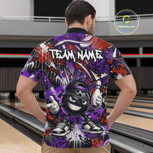 Load image into Gallery viewer, Man wearing a colorful bowling shirt with a cartoon bowling ball design in a bowling alley.