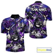 Load image into Gallery viewer, Purple and black bowling shirt with cartoon character and 'Your Name' and 'Team Name' text, featuring Chiptee Amz branding.