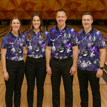 Load image into Gallery viewer, Four people wearing matching purple bowling shirts with a gorilla design in a bowling alley.