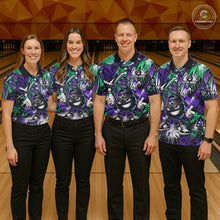 Load image into Gallery viewer, Four people wearing matching bowling shirts with a gorilla design in a bowling alley.