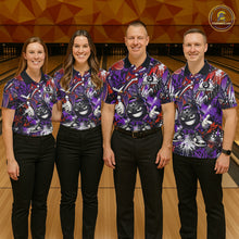 Load image into Gallery viewer, Four people wearing matching purple bowling shirts with a black dog graphic on a bowling alley.