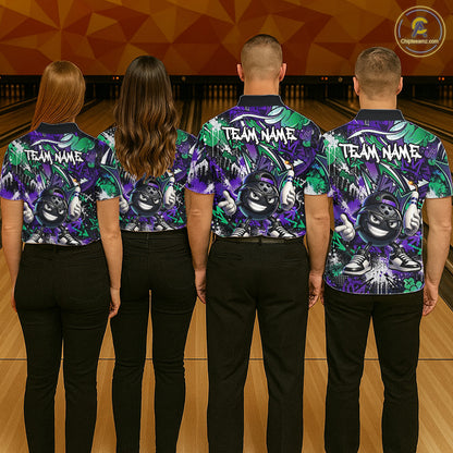 Four people wearing matching team jerseys with a gorilla graphic on a bowling alley background.