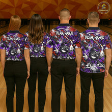 Load image into Gallery viewer, Four people wearing matching team jerseys with a colorful design on a bowling alley background.