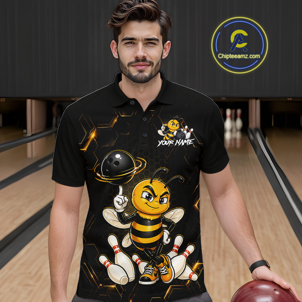 Black & Gold Funny Bee Bowling Shirt for Men Custom Bowling Team Jersey League Polo & Quarter-Zip QZT1008