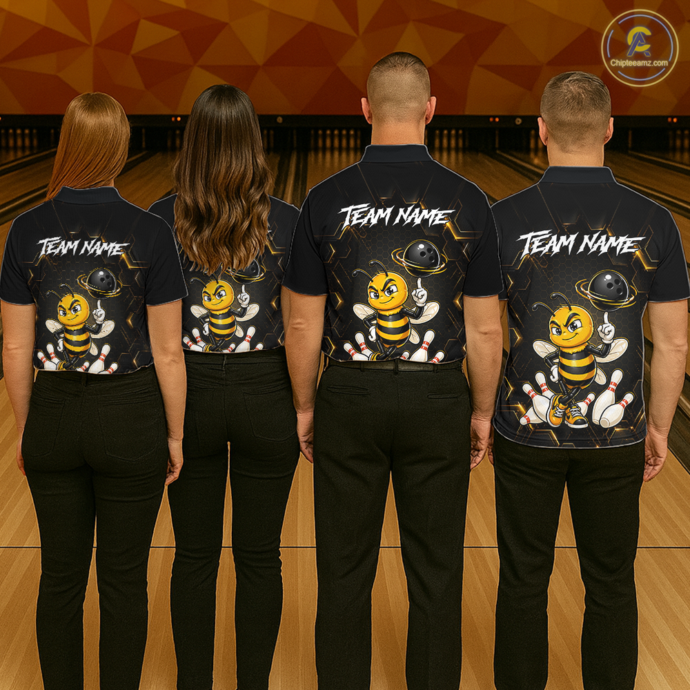 Black & Gold Funny Bee Bowling Shirt for Women Custom Bowling Team Jersey League Polo & 1/4-Zip QZT1008